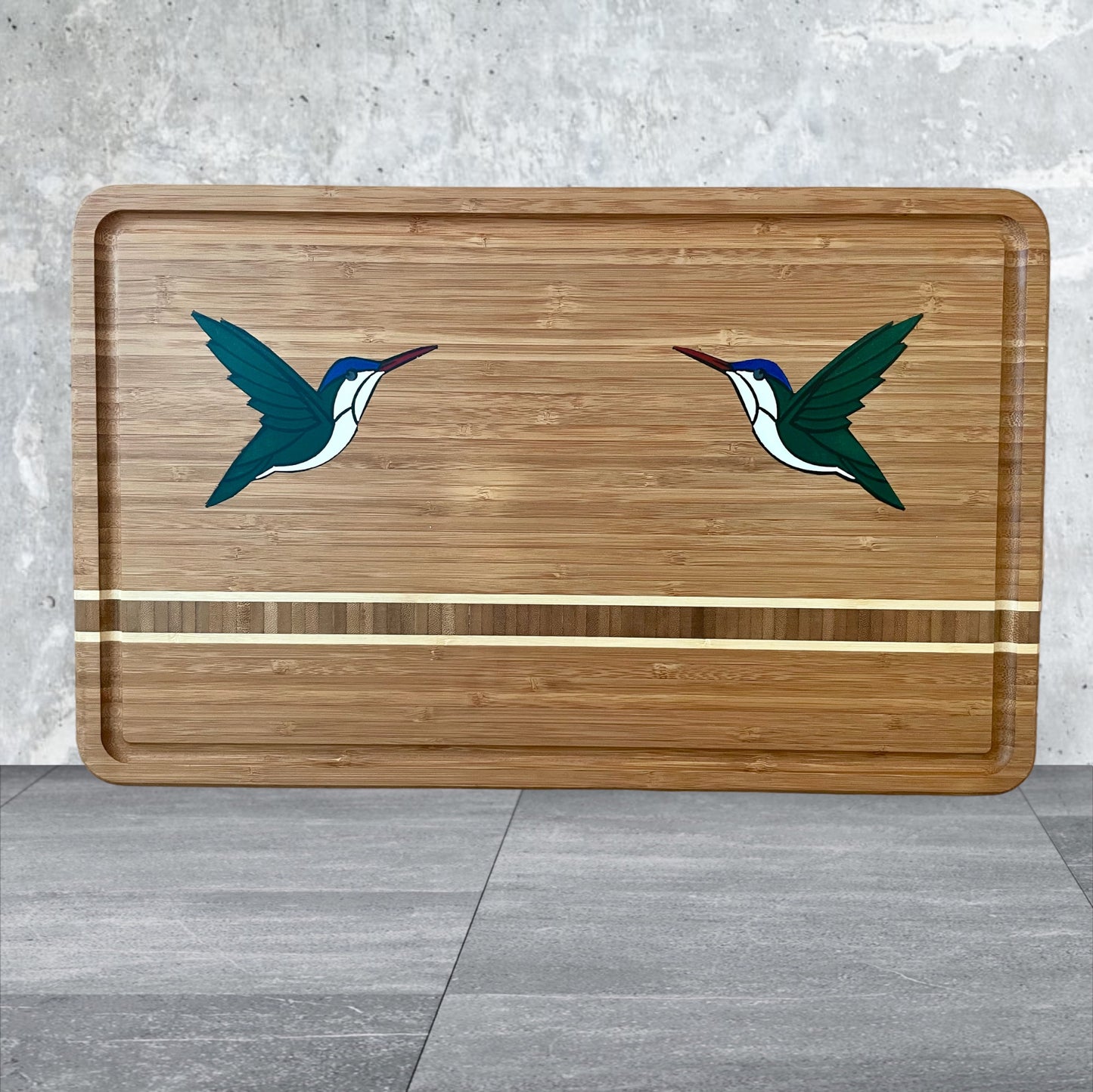 Bamboo Epoxy Hummingbird Inlay Cutting Board with Juice Groove